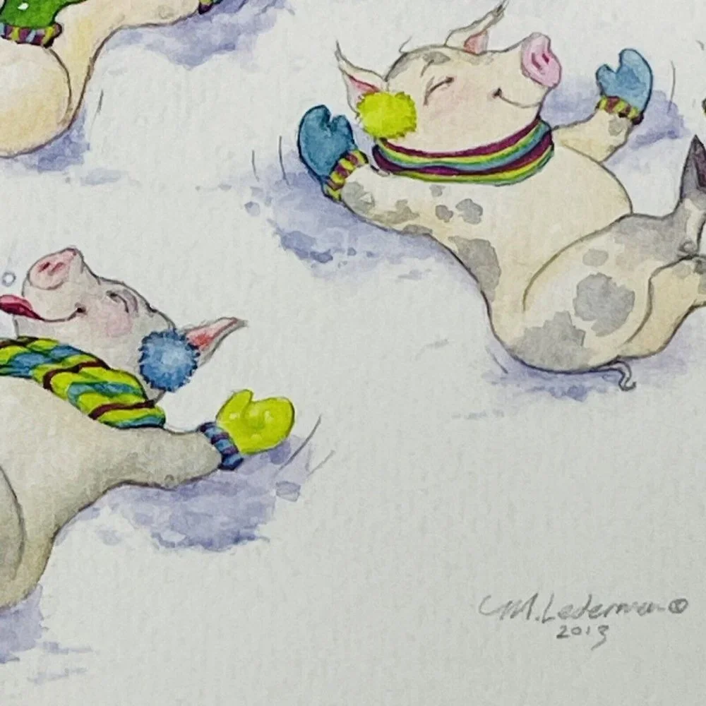 Laughing Pigs Christmas Card M Lederman 2013 envelope Single Heifer